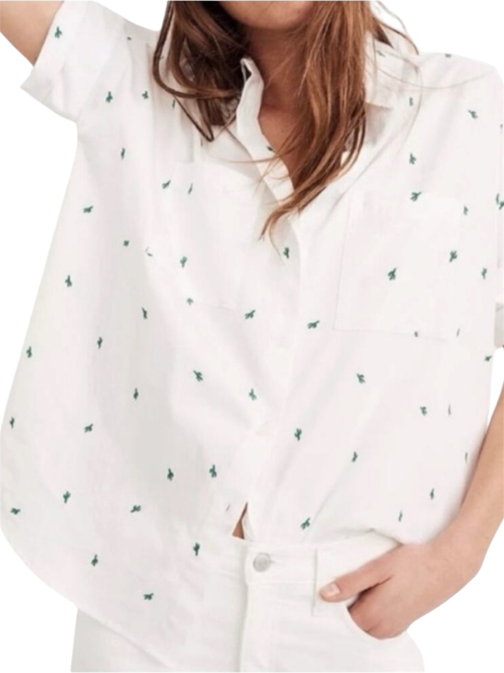 Madewell Courier Shirt Embroidered Cactus Print Size XS Oversized Cotton White